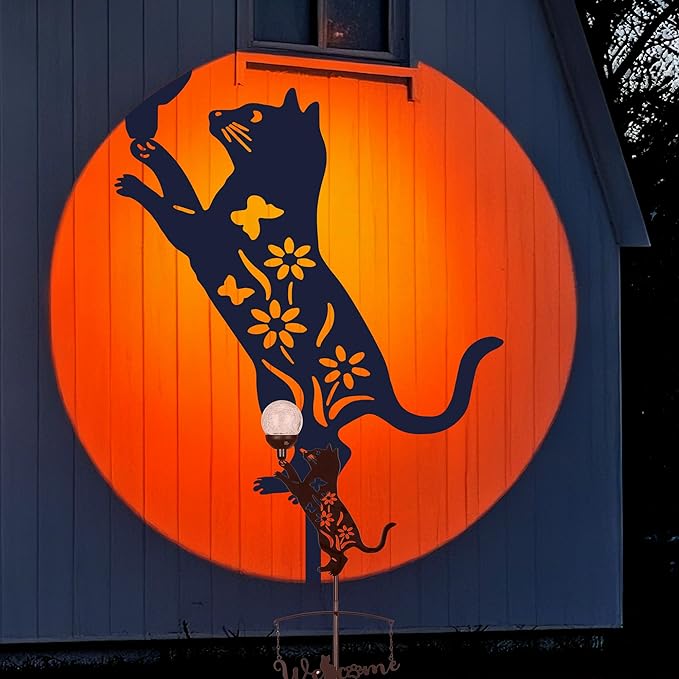 40’’ Metal Black Cat Silhouette Solar Garden Statue Outdoor with Color Changing Crackle Glass Ball Light Decorative Welcome Home Yard Sign Stakes