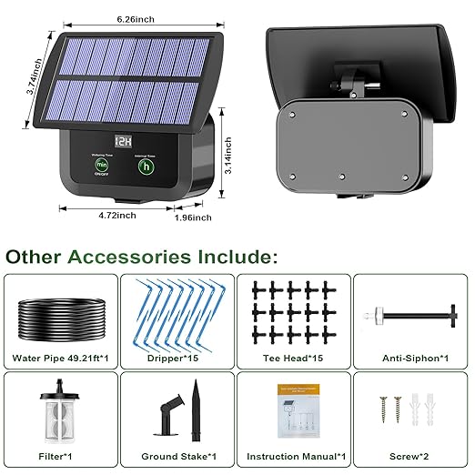LCD Display Solar Drip Irrigation System Kit, 30 Working Modes & 10 Watering Interval Solar Powered Drip Irrigation Kit Supports 15 Potted Plants, 2200mAh Automatic Watering System for Garden