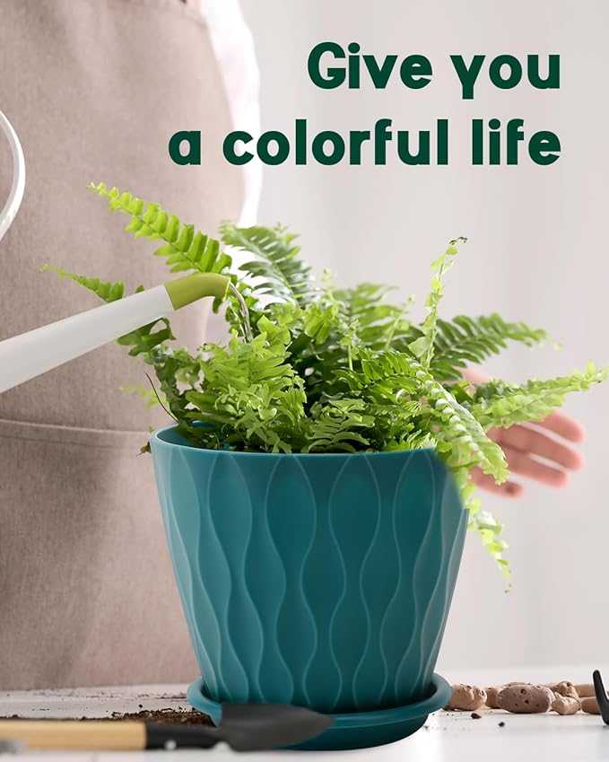 6 Inch Indoor Planter Pots with Drainage Hole and Tray Saucer,Flower Pots for Indoor Outdoor Garden Plants and Flowers, Multicolor, 5 Packs (Blue)