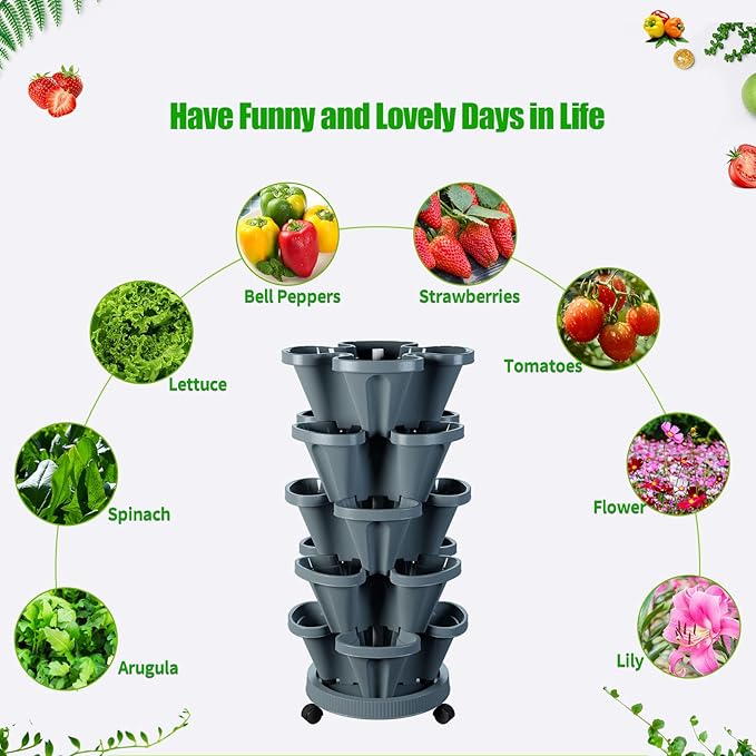 Strawberry Vertical Planters Tower Garden, 5 Tiered Stacking Planter with Support Pole, Stackable Herb Vegetable Planters Indoor and Outdoor - Dark Grey