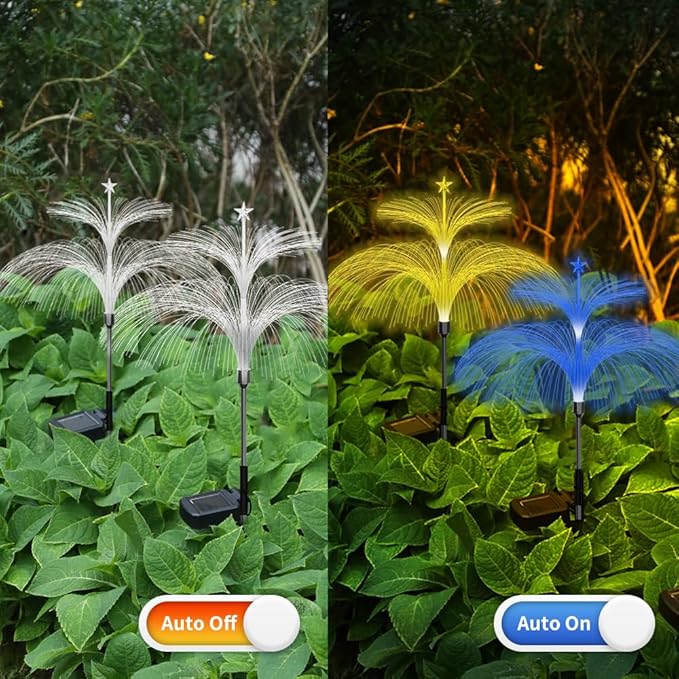 Solar Fiber Optic Double Layer Jellyfish Lights - Star Firework Meteor Shower Ambient Waterproof Path Lights, 7 Color Changes, Sway with The Wind, for Yard Pathway Landscape Decor (4 Pack)