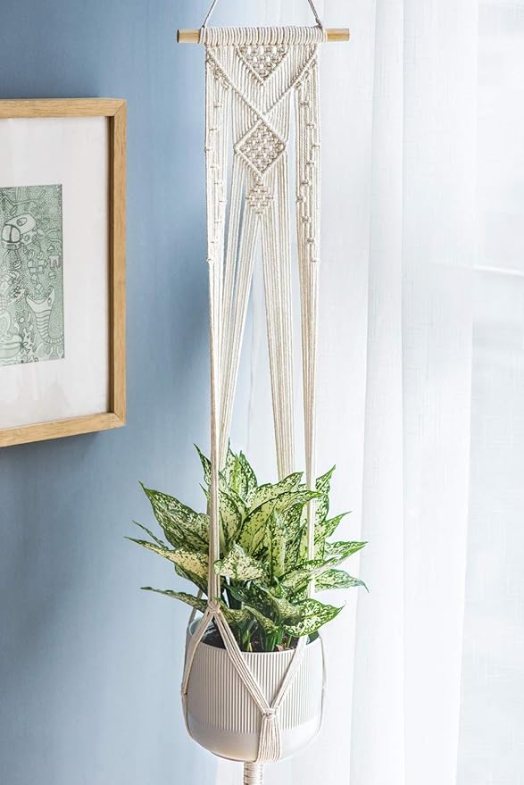 Mkono Macrame Plant Hangers, 5 Pack Different Tiers Indoor Hanging Planters Basket with 5 Hooks Decorative Flower Pots Holder Stand Boho Home Decor, Ivory
