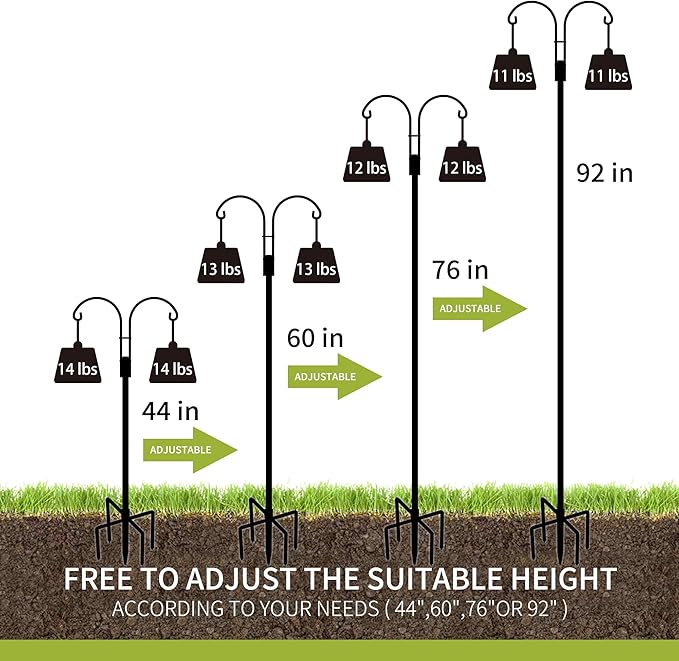 XDW-GIFTS Double Shepherds Hooks for Outdoor, 2-Pack Heavy Duty Garden Pole for Hanging Bird Feeder, Plant Baskets, Solar Light Lanterns, Garden Plant Hanger Stands with 5 Base Prongs