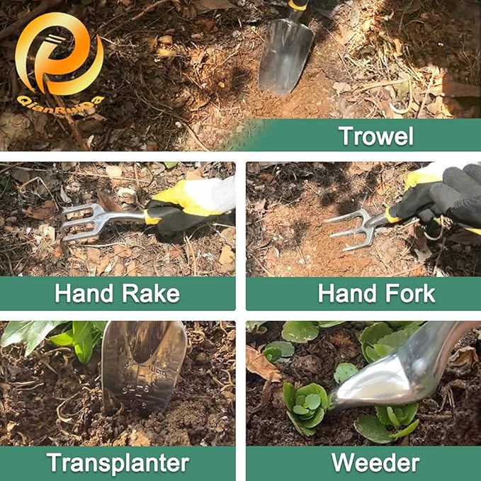 QianRuiDa 8-Piece Garden Tools Set for Gardening Aluminum Alloy Heavy Duty Kit, with Storage Tote Bag, Ergonomic Rubber Grip, Gift for Men or Women, Indoor and Outdoor Tools