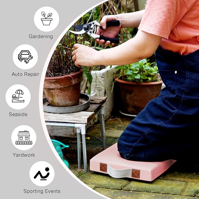 HappyPicnic Waterproof Kneeling Pad for Garden or Bath, 2 inch Thick Soft Foam Kneeler Mat for Gardeners Knee Support or Bathtub Bathing with Handle and Removable Cover - Pink