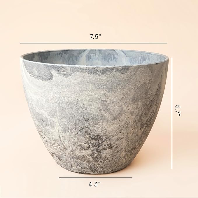 LA JOLIE MUSE Flower Pots Outdoor Garden Planters, Indoor Plant Pots with Drainage Holes, Plastic, Marble Pattern Grey, Set 2 (7.5 + 7.5 Inch)