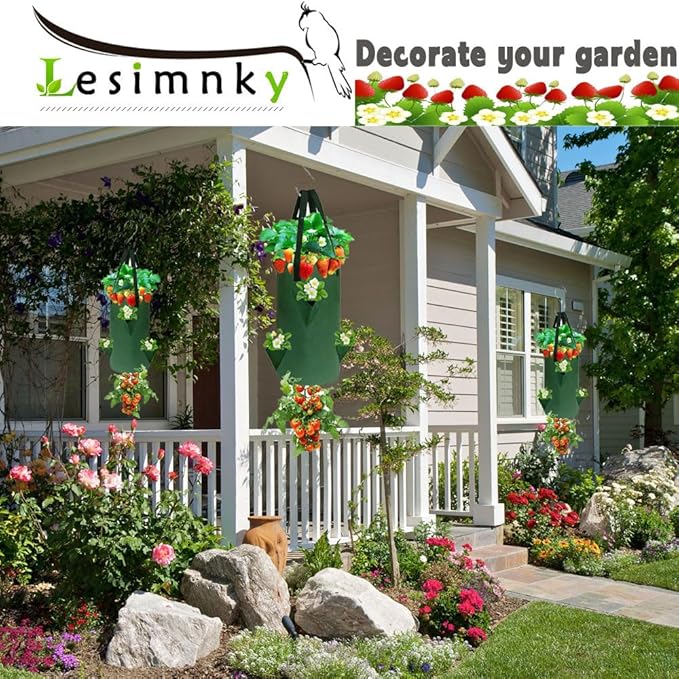 4Pack Upside Down Strawberry Planter, 3 Gallon Hanging Grow Bags for Tomato Vegetables 6 Planting Holes with 6Hooks,Upside Down Strawberry Plant Hanger Vegetable Planting Bags for House (Dark Green)