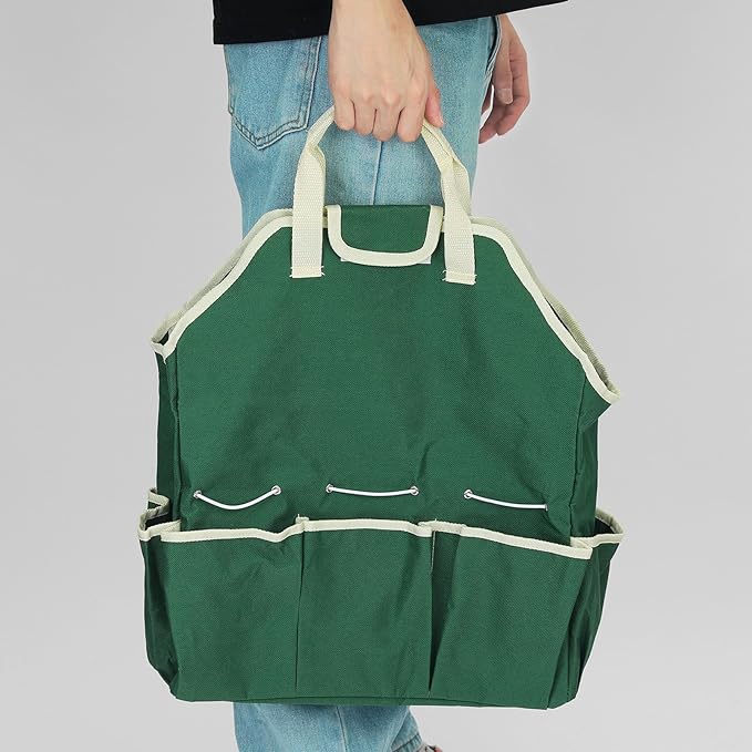 HARFINGTON Garden Tool Bag 14.6" x 5.5" x 16.5" Large Oxford Waterproof with Pockets Garden Tote Bag Gardening Plant Tool Organizer Storage Carrier Store for Outdoor Women Men, Dark Green