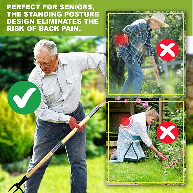 46 Inch Weed Puller Tool with Long Handle, Bamboo Grip & 4 Claw Steel Head, 3-Section Design for Easy Weed Removal Without Bending, Pulling or Kneeling, Durable Stand Up Gardening Tool