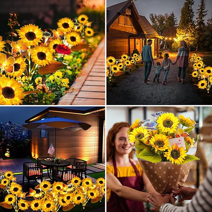 Solar Lights Outdoor Garden Decor, 2025 Upgraded 4 Pack Sunflower Decor with 8 Butterfly, Solar Garden Lights Outdoor Waterproof Decorative for Pathway, Yard, Gifts for Mother's Day Mom Women