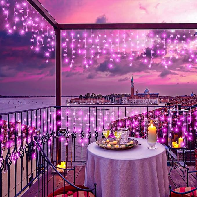 33ft Icicle Lights for Outside, Pink Christmas Lights Outdoor Waterproof for House, 400 LED Twinkle Light with 75 Drops Clear Wire Short Curtain Lights for Room Home Wall Indoor Decorations