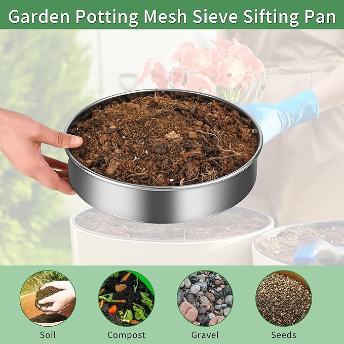 LABALPHA Soil Sifter for Gardening Set, Stainless Sifting Pan Soil Sand Sieve with 4pcs Garden Shovels, 9.84" Sifting Pan Contain 3 Sieve Mesh (0.118", 0.236",0.354")