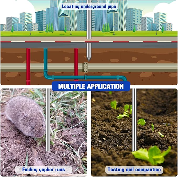 Kanayu Soil Probe Rod, 32-48 Inch Stainless Steel Septic Tank Locator Tool Adjustable Ground Rod with T Handle for Locating Underground Pipes and Gopher Runs, Gardening(48 Inch,Silver)