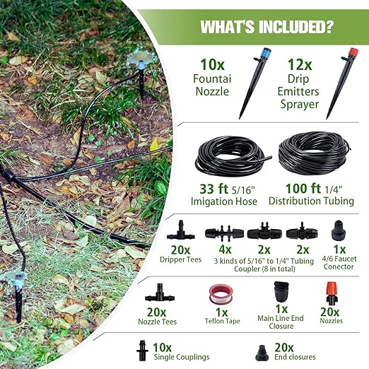 CHANGE MOORE 130FT Drip Irrigation Kit, Garden Irrigation System with Drip Nozzle Emitters,Drip Irrigation Tubing and Drip Irrigation Parts, Automatic Watering System for Plants Greenhouse