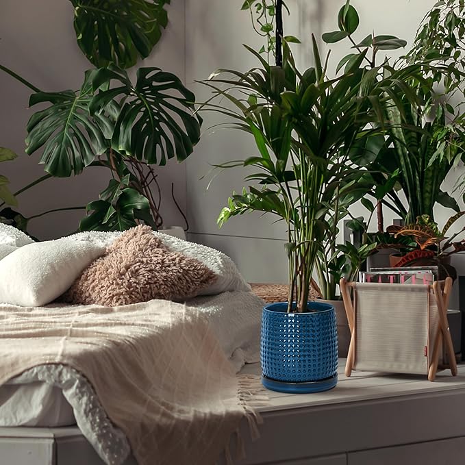 D'vine Dev 6 Inch Ceramic Beaded Stoneware Planter Pot - Flower Pot with Drainage Holes and Saucers for Indoor Succulent Plants or Flowers, Blue, 27-C-X-3