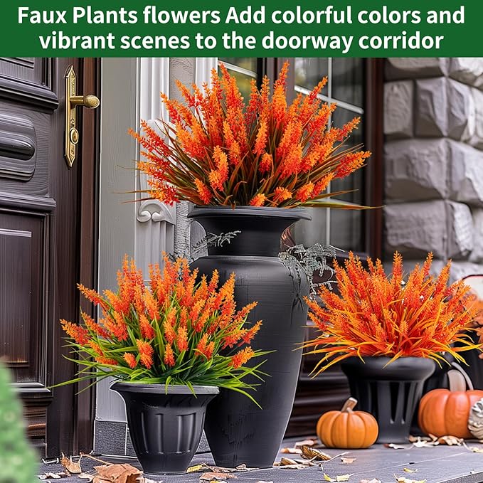 Artificial Fall Flowers for Outdoor Plants 12 Bundles Fake Lavender Plastic Faux Monkey Grass for Verandah Window Garden Office Patio Front Porch UV Resistant for Planter(Orange)