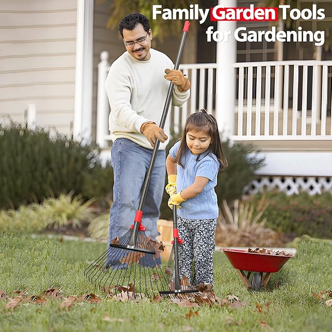 Rake, Adjustable Rake for Leaves with 9”-17” Rake Head, Rakes for Lawns Heavy Duty, 60 in Garden Rake with 18 Clog-Free Tines, Long Handle, Metal Rakes Tool for Gardening, Fast Cleanup Camping Rake