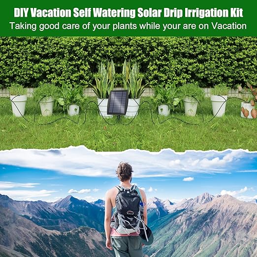 Solar Automatic Drip Irrigation Kit System, JIYANG Solar Powered Auto Easy DIY Watering Device Supported Pots Plants, 12 Timing Modes with Anti-Siphoning Device (Supported 20-30 Pots, 12Timing Modes)