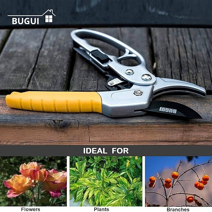 BUGUI 8" Ratchet Pruning Shears, 5 Times Cutting Power Than Normal Garden Scissors, Labor-Saving Design for Arthritis Weak Hands