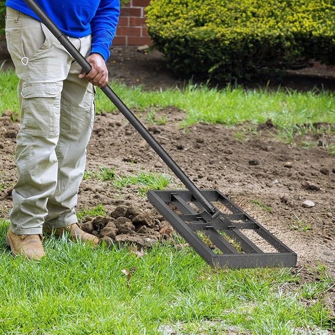 Lawn Leveling Rake with Rounded Edges, 30 x 10'' Leveling Rake with Tines for Soil, Heavy Duty Lawn Leveling Tool with 7FT Handle, Yard Leveling Rake for Farm, Garden, Backyard