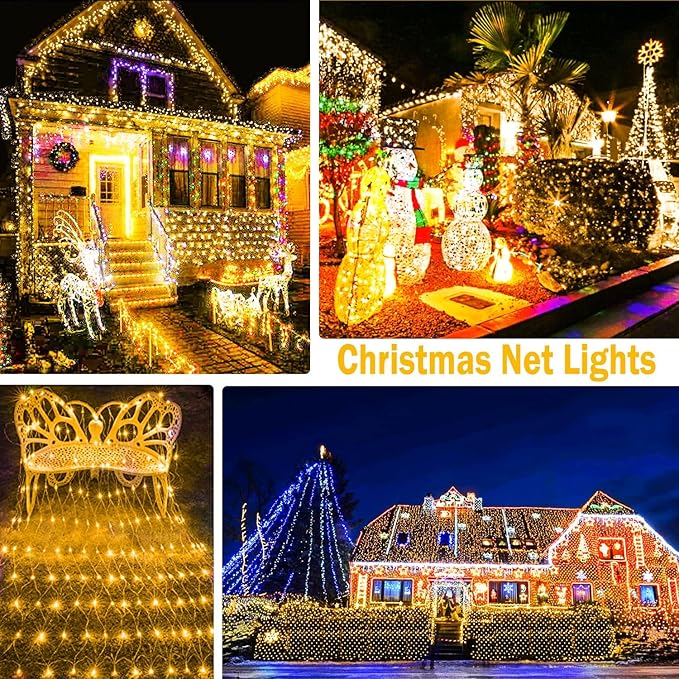 KNONEW 2-Pack 360 LEDs Christmas Net Lights 13ft x 6.6ft Outdoor Mesh Connectable Waterproof 8 Modes & Timer Plug-in Fairy Lights for Bushes Garden Party Wedding Holiday, Warm White
