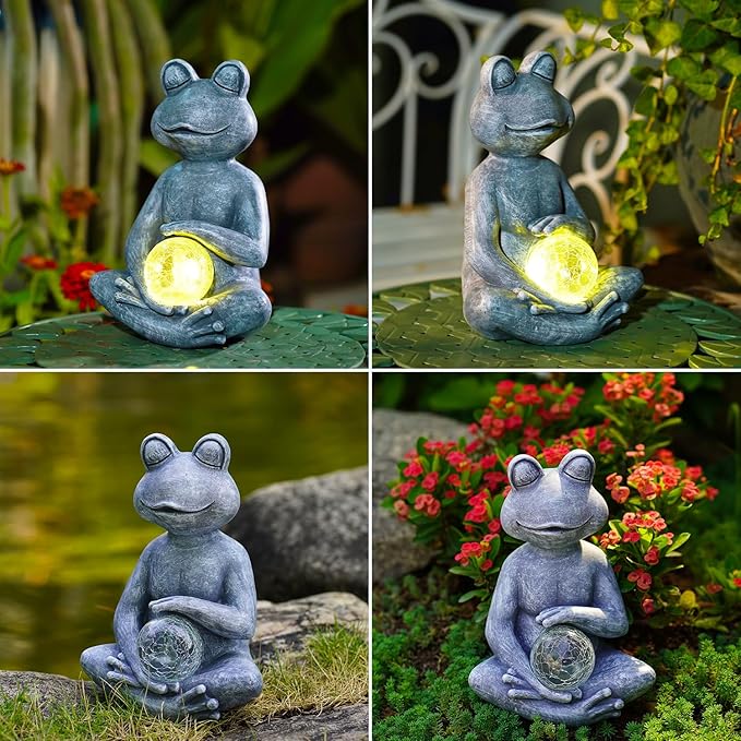Goodeco Frog Statue with Solar Gazing Ball Lights - Zen Garden Statue for Outdoor Decor, Frog Gifts for Women & Moms, Housewarming Gifts