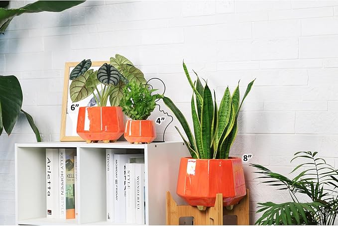 6 Inch + 4 Inch Ceramic Planter for Indoor Plants - Plant Pots with Drainage Hole - Modern Minimalist Flower Pot for Succulents and Herbs - Peach