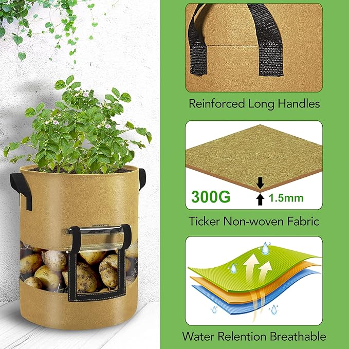 Visible Potato Grow Bags 10 Gallon with Flap 3-Pack,Potatoes Growing Containers with Handles&Visible Space, Heavy Duty Thickened Aeration Nonwoven Fabric Pots,alse for Tomato Strawberry