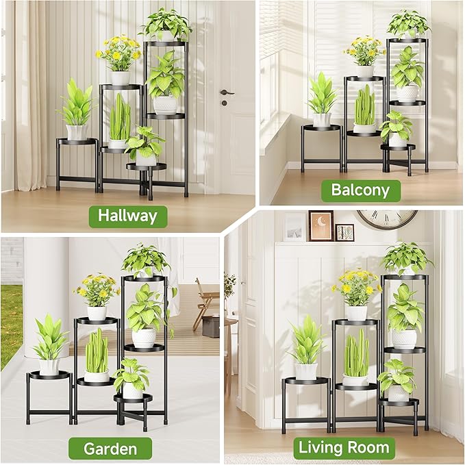 6-Tier Metal Plant Stand Indoor, Foldable Corner Plant Shelf Outdoor, Rotatable Tiered Tall Plant Stand, Black Multiple Plant Stands for Patio Living Room Balcony Garden Home Decor