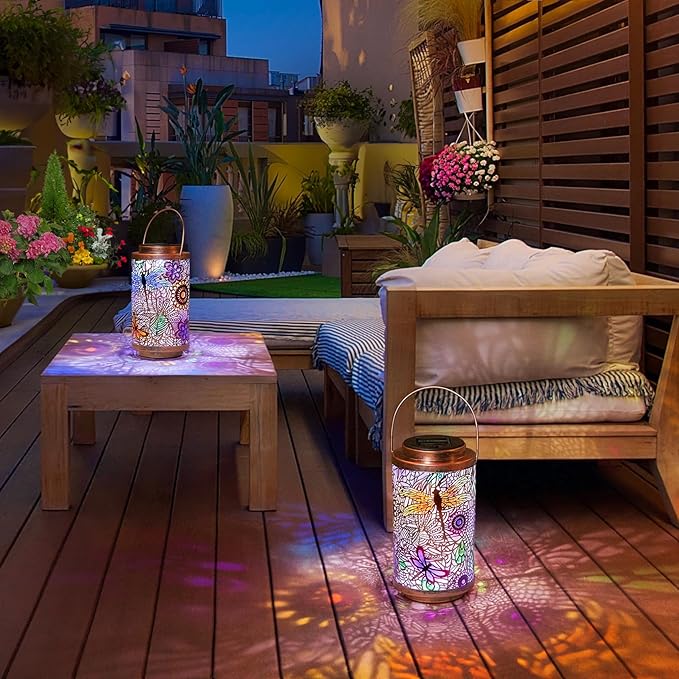 Go2garden 2Pack Solar Outdoor Lanterns Waterproof Dragonfly Garden Gifts for Women Patio Decor Lights Metal Lantern for Yard, Tabletop, Porch, Outside,Mothers Day Gifts for Mom Women