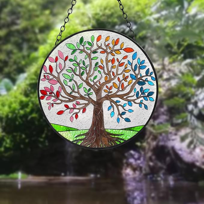 Tree of Life Suncatchers Stained Glass Window Hangings Ornaments, 6.3''* 6.3'' Hand-Painted Vibrant Color Family Tree Sun Catcher Memorial Gifts for Women,Christmas Decor Gifts