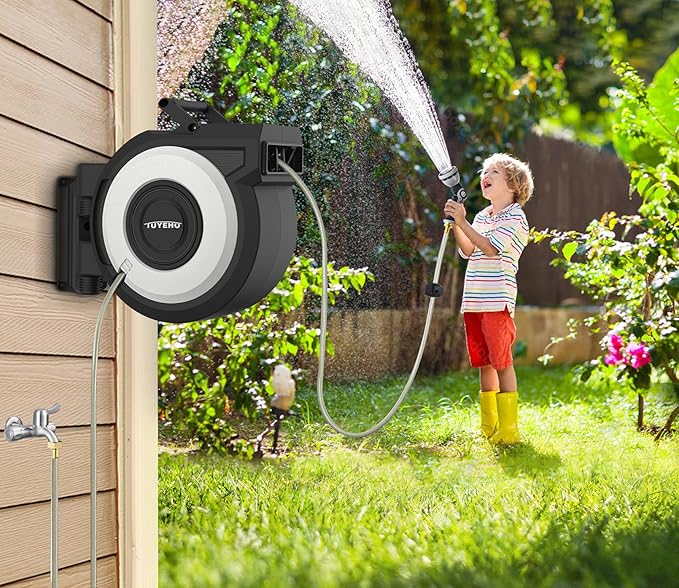 Tuyeho Retractable Garden Hose Reel 5/8" x 90 ft, Wall Mount Water Hose Reels with Automatic Slow Rewind System, Outdoor Hoses Reel with 2 Hose Nozzles for Garden Watering, Car Wash, Pet Shower