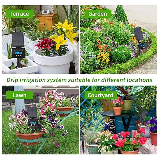Solar Drip Irrigation System, Automatic Irrigation System for Outdoor Gardening,2200mA Battery and rain Sensing Function,for courtyards, Balconies, Gardens, 10 Potted Plants