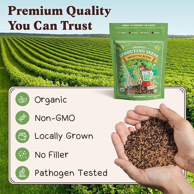 Organic Sprouting Seeds - Smoothie Blend - Non-GMO, USA Grown Microgreens Mix - Alfalfa, Broccoli, Clover, Red Kale - Makes 8 Quarts of Sprouts, 24 Servings (8 oz) (Smoothie Blend)