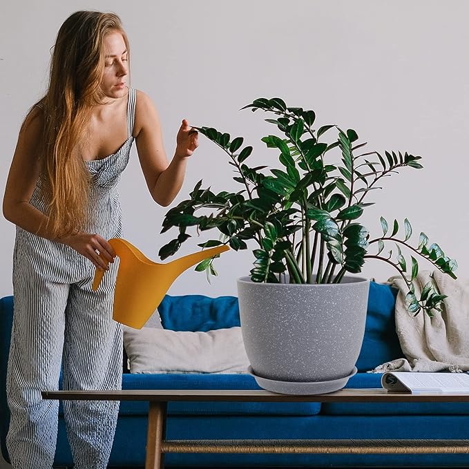 WOUSIWER Plant Pots 10/9/8 inch, Set of 3 Modern Decorative Plastic Planters with Drainage Holes and Saucers for House Plants Indoor Flowers Plants, Grey Speckles