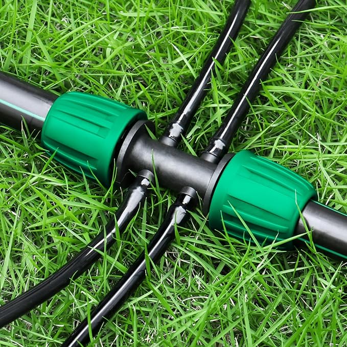 JAYEE Drip Irrigation Fittings, 10 Pcs Lock Barbed Tee for 1/2 to 1/4 Inch Vinyl Tubing, Drip Line Parts 6-Way Tees Irrigation Connectors for Drip Sprinkler Garden Lawn Systems, Green