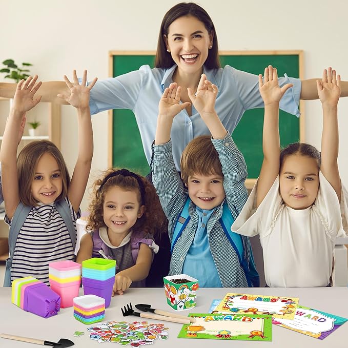 Elcoho 36 Set Garden Plastic Pot Craft Kit Plant Spring Craft Kits for Kids Flower Pots with 150 Foam Stickers 36 Labels 24 Certificate of Awards 3 Tools Planting Growing Kit for Kids, Mixed Colors