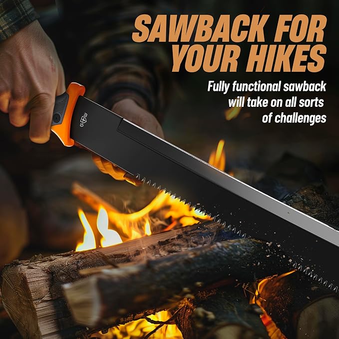 Machete with Saw - 25” Heavy Duty Tool & Sheath - Ergonomic No-Slip Handle - Survival Knife with Serrated Blade - Machetes for Bushcraft Outdoor Hunting Garden Cutting Trees and Yard Work