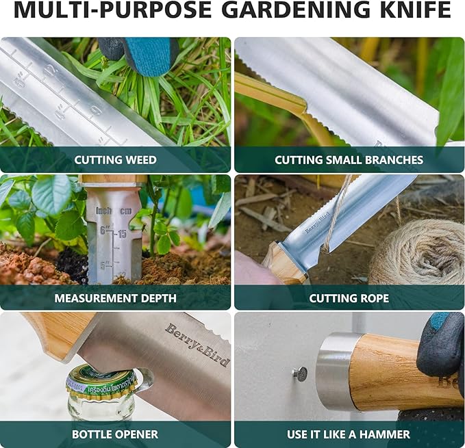 Berry&Bird Hori Hori Garden Knife, Multipurpose Gardening Knife with 7" Stainless Steel Double Edge Sharp Blade, Soil Knife with Leather Sheath, Full-Tang Gardening Tools for Gardening Weeding Digging