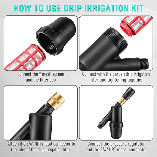 2 Pack Drip Irrigation Pressure Regulator Kit, Drip Irrigation Filter with 25 PSI 3/4'' Hose Thread Pressure Regulator, with Metal Connector, for Drip Irrigation System, Pressure Reducer