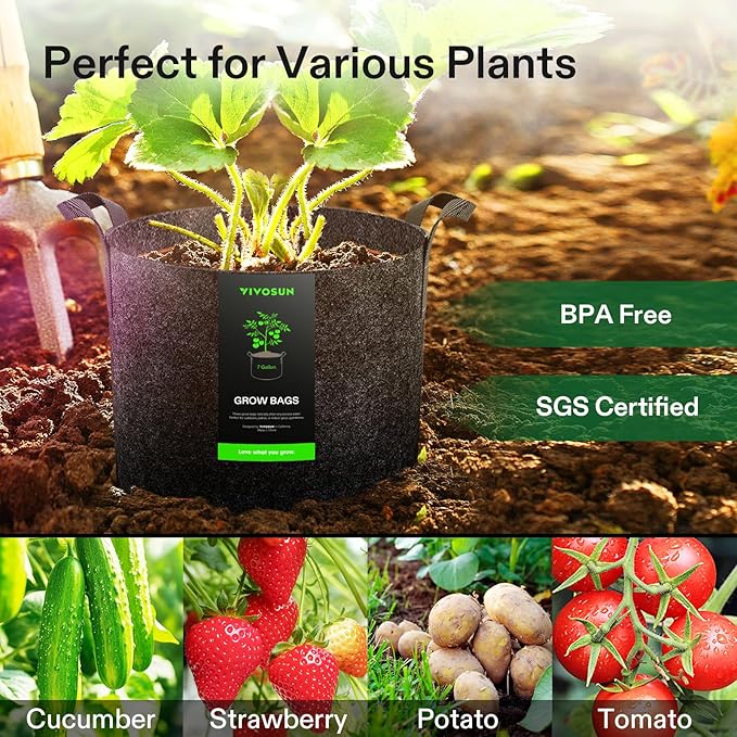 VIVOSUN 20-Pack 7 Gallon Grow Bags, Heavy Duty Thickened Nonwoven Fabric Pots with Handles for Flowers Fruits and Vegetables Black