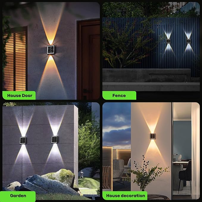 2LED Solar Wall Lights, Up and Down Lighting Solar Outdoor Light Waterproof IP65, 6500K/3000K Solar Fence Light Solar Powered Light for Yard Garden Garage Christmas Decorations (4 Pack)