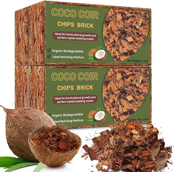Coco Chips Substrate 4.4 LBS, Organic Coconut Husk Brick with Low EC and pH Balanced, Easy to Expand Coco Coir Mulch Medium for Garden Flowers & Reptile Bedding (4 Pcs)