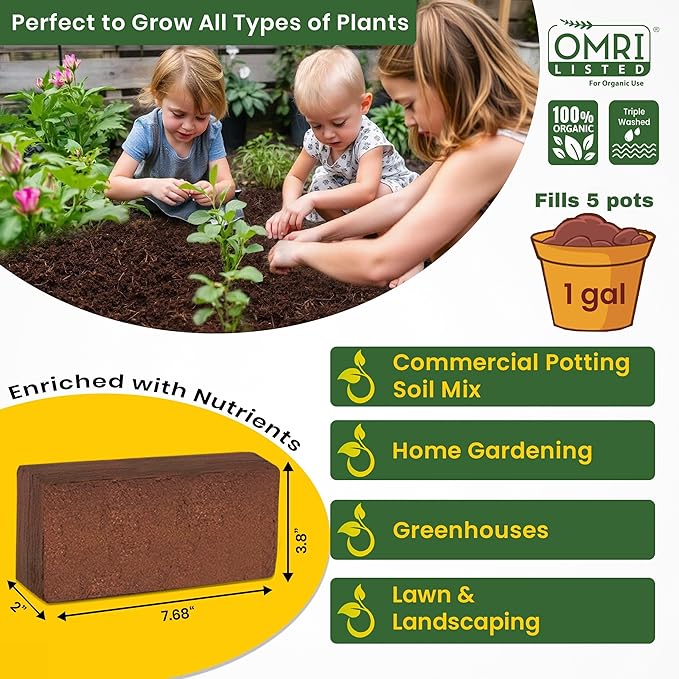 Gro-Med Coco Coir Brick 2s Pack – 1.4 lb Each,Expands to 20 Quarts, Enriched with NPK, Organic Potting Soil Mix for Plants, Seed Starting,Herbs,Flowers and Ideal Reptile Bedding for Snakes & Terrarium