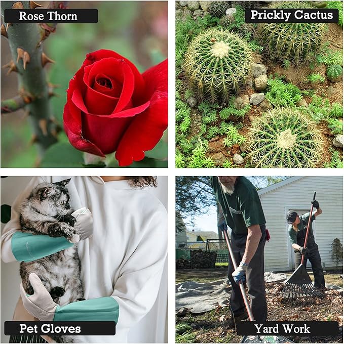 HANDLANDY Long Gardening Gloves for Men & Women, Thorn Proof Rose Pruning Gloves Leather Gauntlets Garden Gloves Yard Work Gloves (XS, Green)