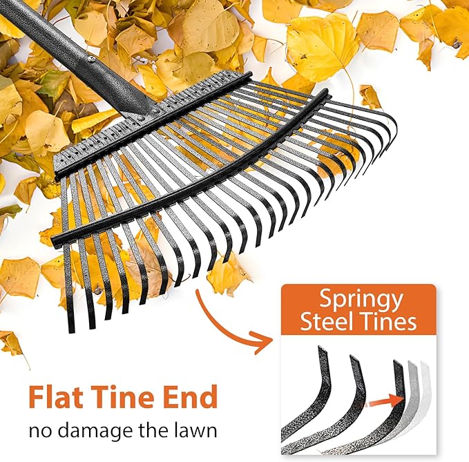 Rake, Gardening Rakes for Leaves Lawns Heavy Duty, 79 in Leaf Rake with 25 Clog-Free Tines, 18.5” Wide Large Rake Head, Metal Garden Tools for Yard Quick Cleanup Garss, Debris, Detachable for Camping