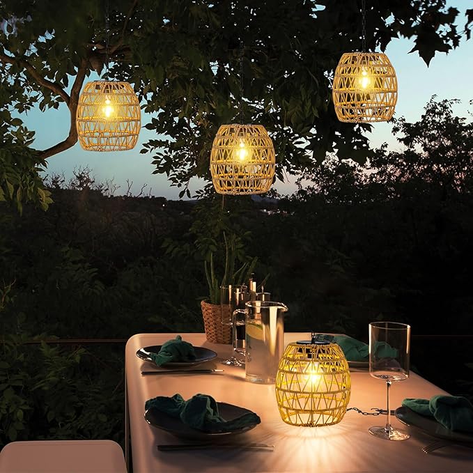 Solar Lanterns Outdoor Waterproof Light, Rattan Solar Powered Lantern for Hanging or Table Lamp Chandelier Light for Outside Patio Yard Garden Gazebo Porch Home Decorations