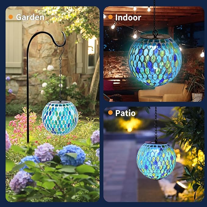 VCUTEKA Hanging Solar Lanterns Mosaic Solar Lights with Hook Up, Outdoor Garden Lights Decor for Yard Tree Fence Patio, Blue