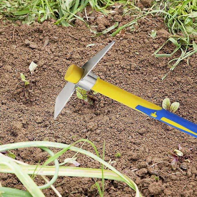 2 PCS Garden Hoe Tools, Stainless Steel Cultivator Hand Tiller and Hand Pick Axe with Fiberglass Handle, Pick Mattock Hoe for Planting Digging Weeding Gardening