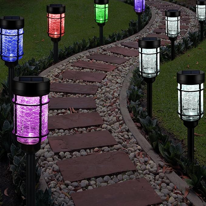 Solar Pathway Lights 2 Pack, Color Changing+Cool White LED Solar Lights Outdoor, Waterproof Lighted Crackle Glass Stake for Garden Path Walkway Backyard Lawn Landscape Decoration